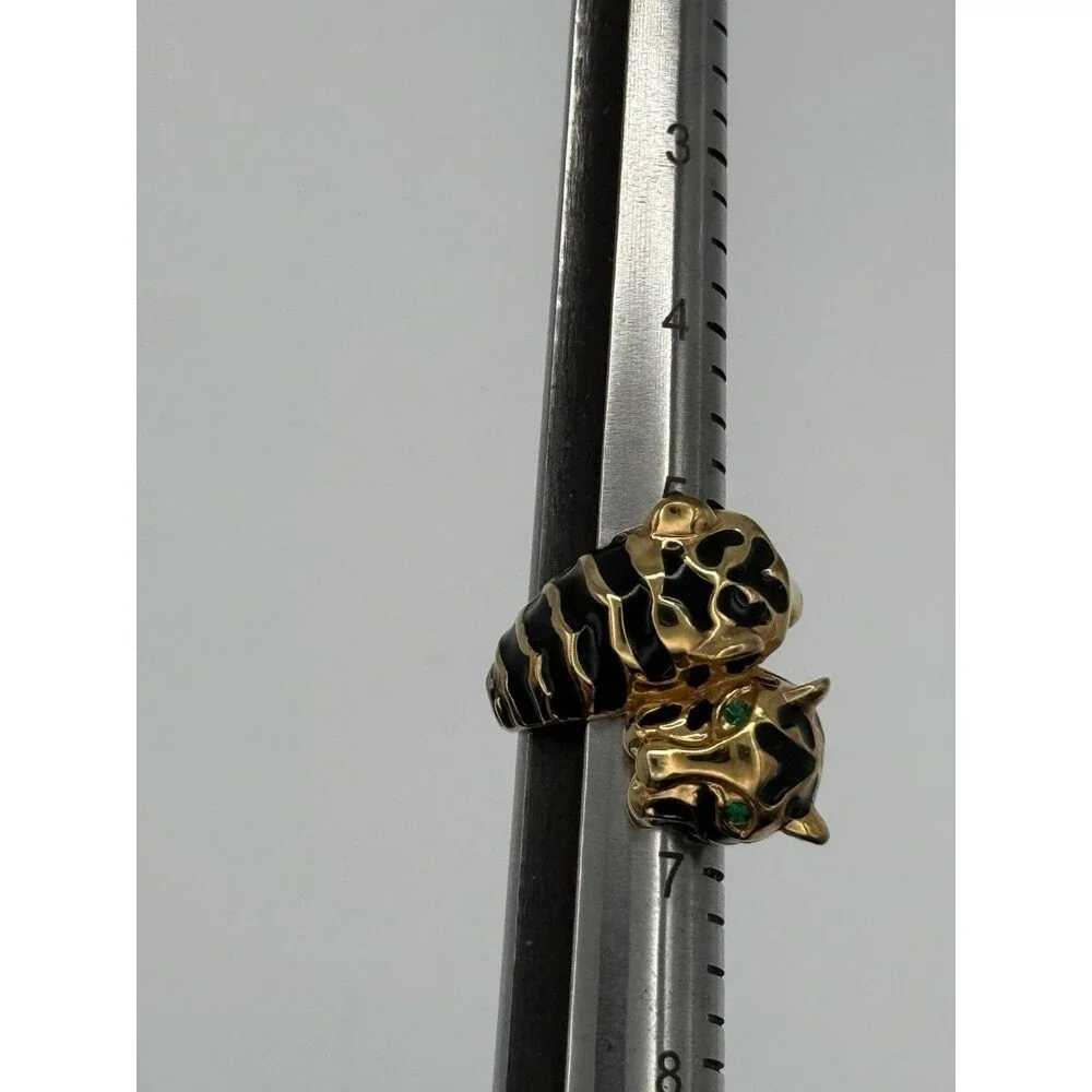 Gold Tone Cheetah Bypass Ring Cheetah Print Green Crystal Eyes China Sz 7.25